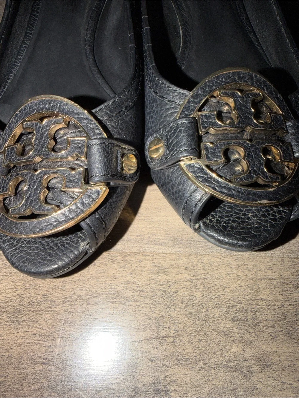Tory Burch “Amanda”Black Leather Peep-Toe Flats with Gold Logo Medallion